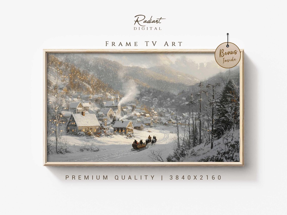 Snowy Mountain Village Horse Sleigh Christmas Evening Wall Art