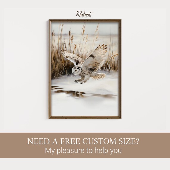 Snowy Owl Diving over Frozen Pond Golden Reeds Warm Sepia Poster