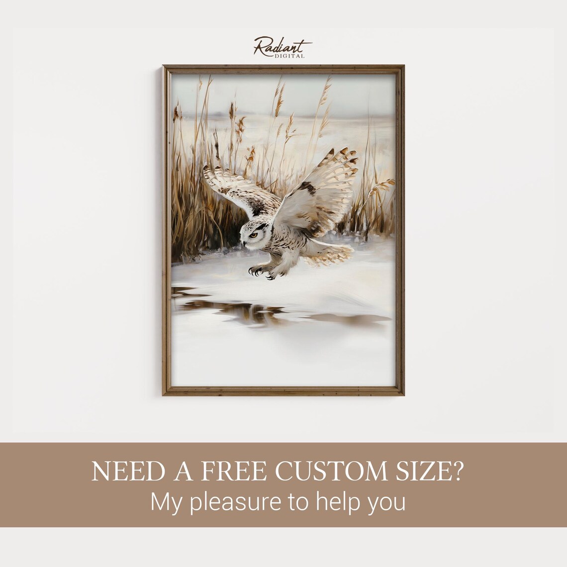 Snowy Owl Diving over Frozen Pond Golden Reeds Warm Sepia Poster