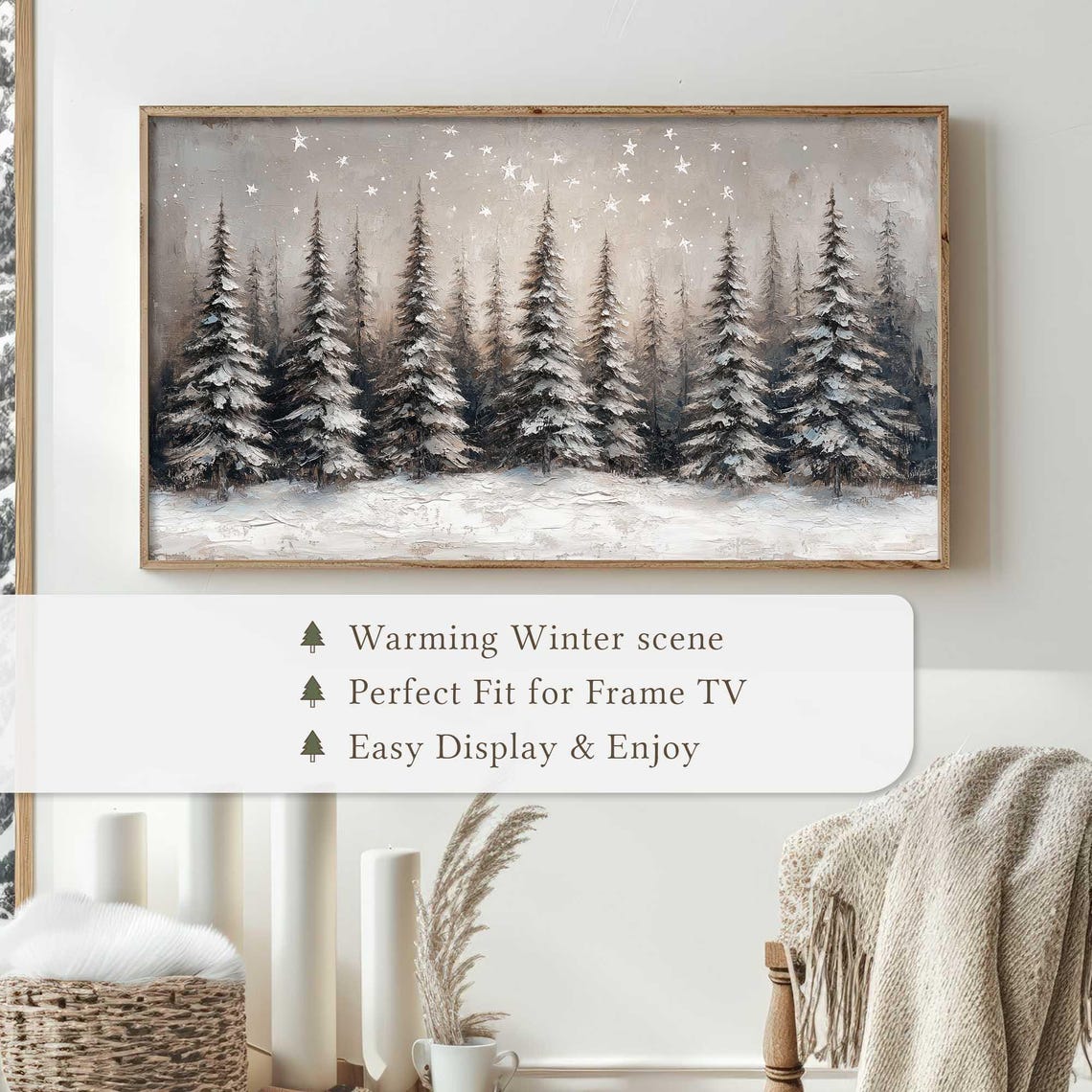 Minimalist Snowy Pine Trees White Stars Winter Night Wall Art - Image 4
