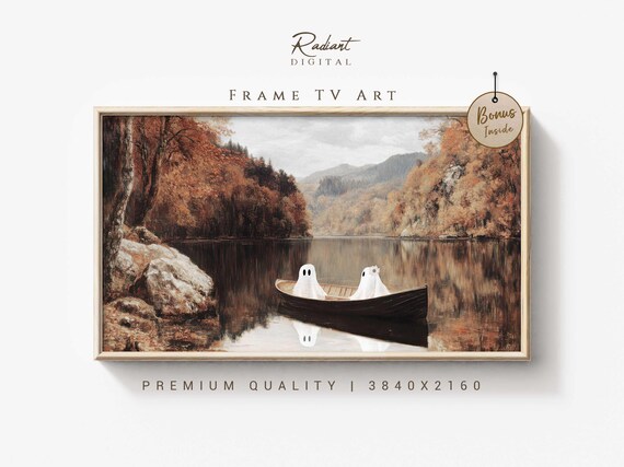 Two Ghosts Drifting in Rowing Boat Autumn Lake Romantic Spooky Poster