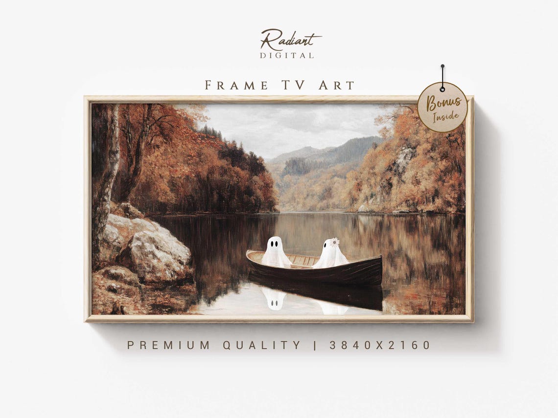 Two Ghosts Drifting in Rowing Boat Autumn Lake Romantic Spooky Poster