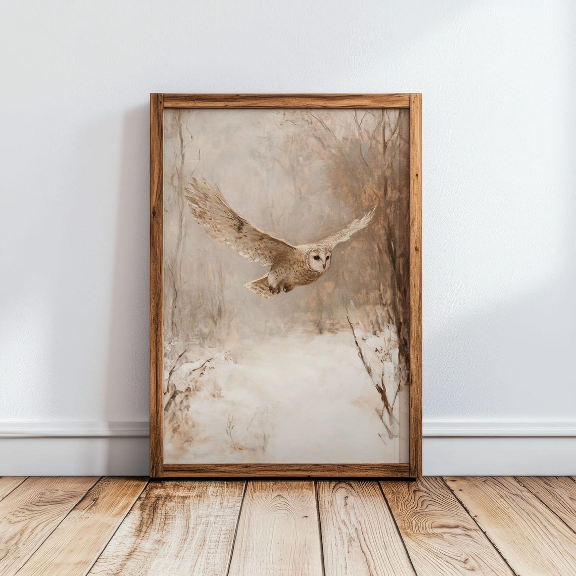 Owl Gliding over Snowy Woodland Path Misty Warm Winter Poster - Image 3