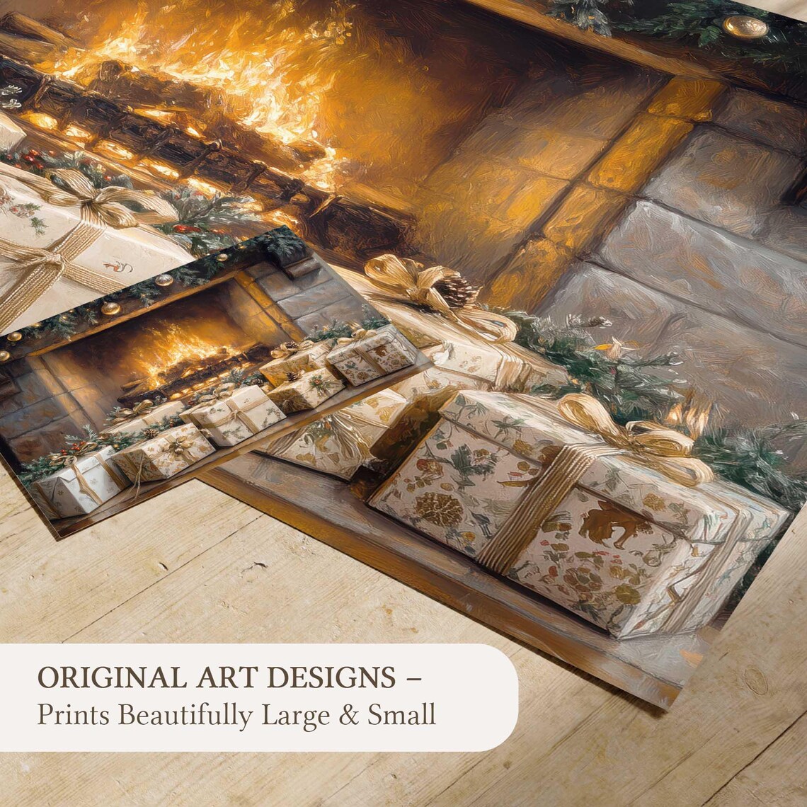 Stone Fireplace Crackling Fire Wrapped Gifts Cozy Christmas Wall Art - Image 4