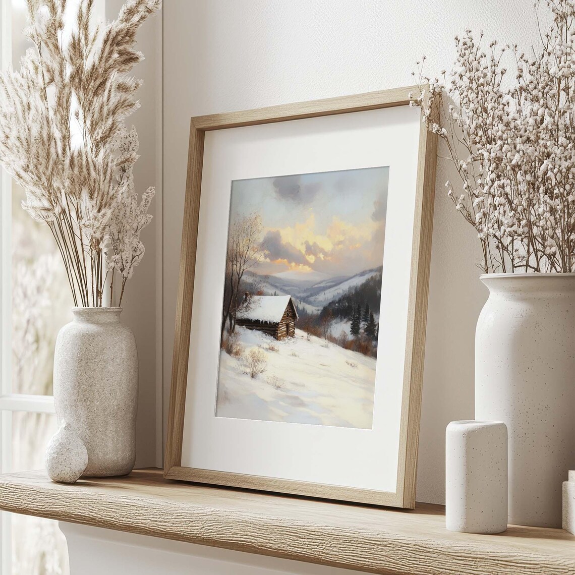 Winter Cabin Landscape, Rustic Snowy Mountain Scene - Image 2