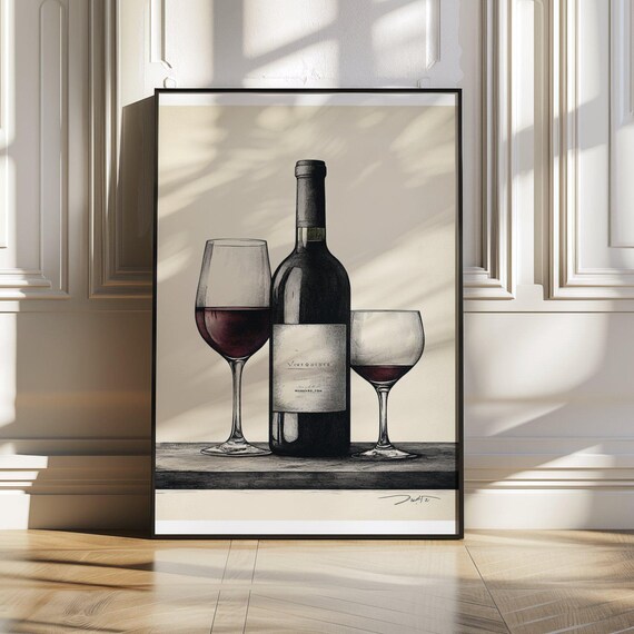 Wine Bottle and Two Glasses Sketch Poster For Elegant Dining