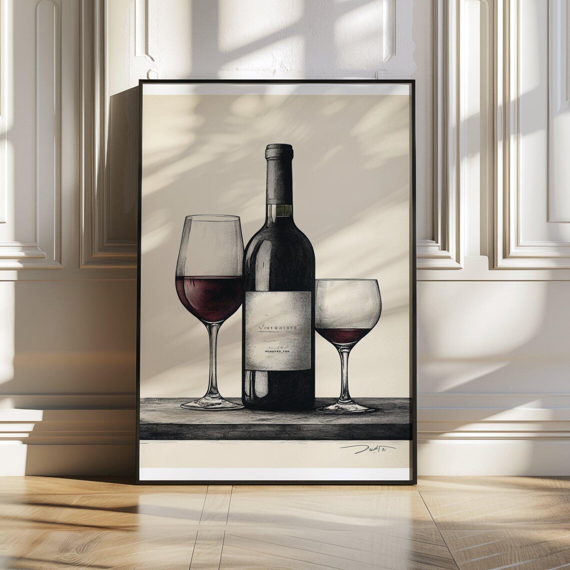 Wine Bottle and Two Glasses Sketch Poster For Elegant Dining