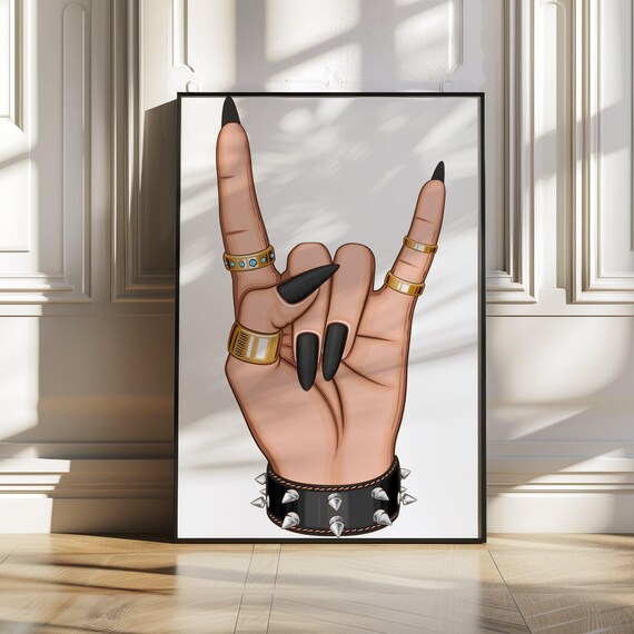 Rock On Hand Gesture With Gold Rings and a Spiked Cuff Poster