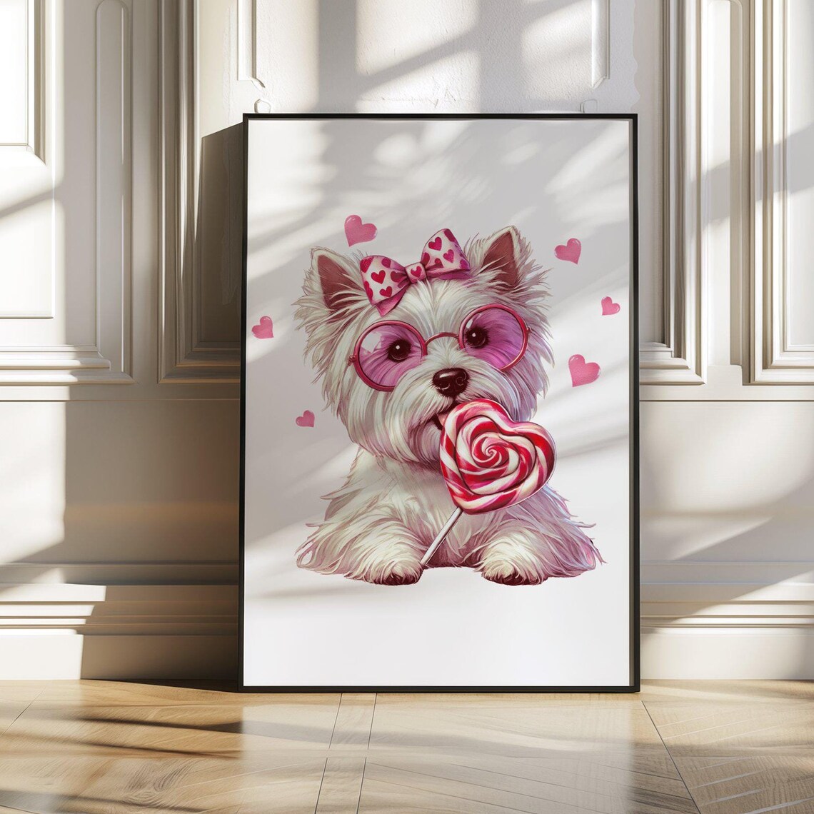 Cute White Fluffy Dog With Pink Sunglasses And Heart Lollipop Wall Art