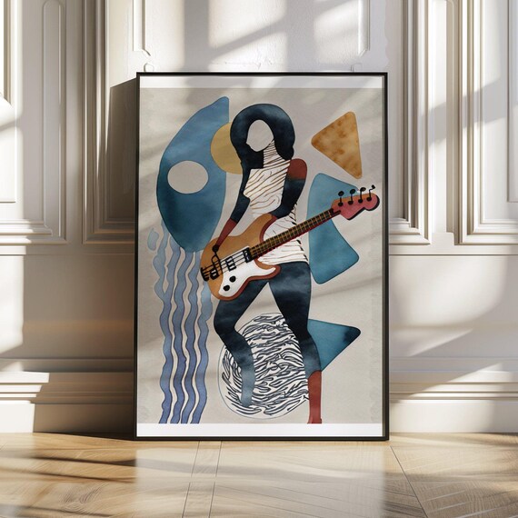 Abstract Watercolor Musician Playing a Bass Guitar Art Poster