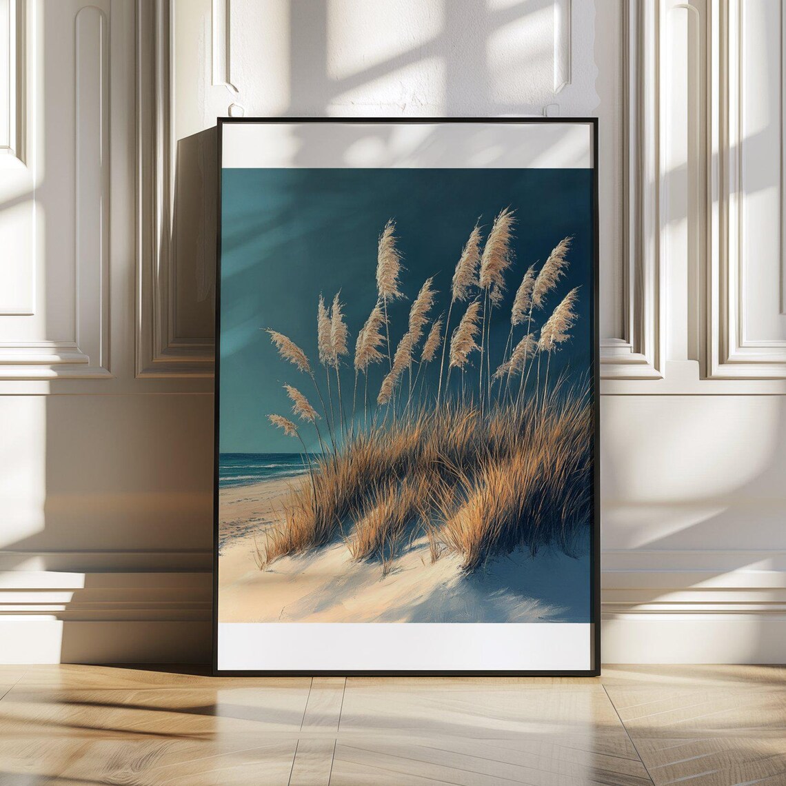Coastal Beach Dune Grass Poster With Calm Teal Ocean Backdrop