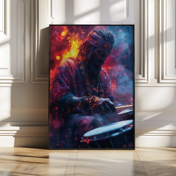 Vibrant Drummer Wall Art Print Or Stretched Music Themed Art Colorful Tribal Drumming Poster Bold And Dynamic Artwork
