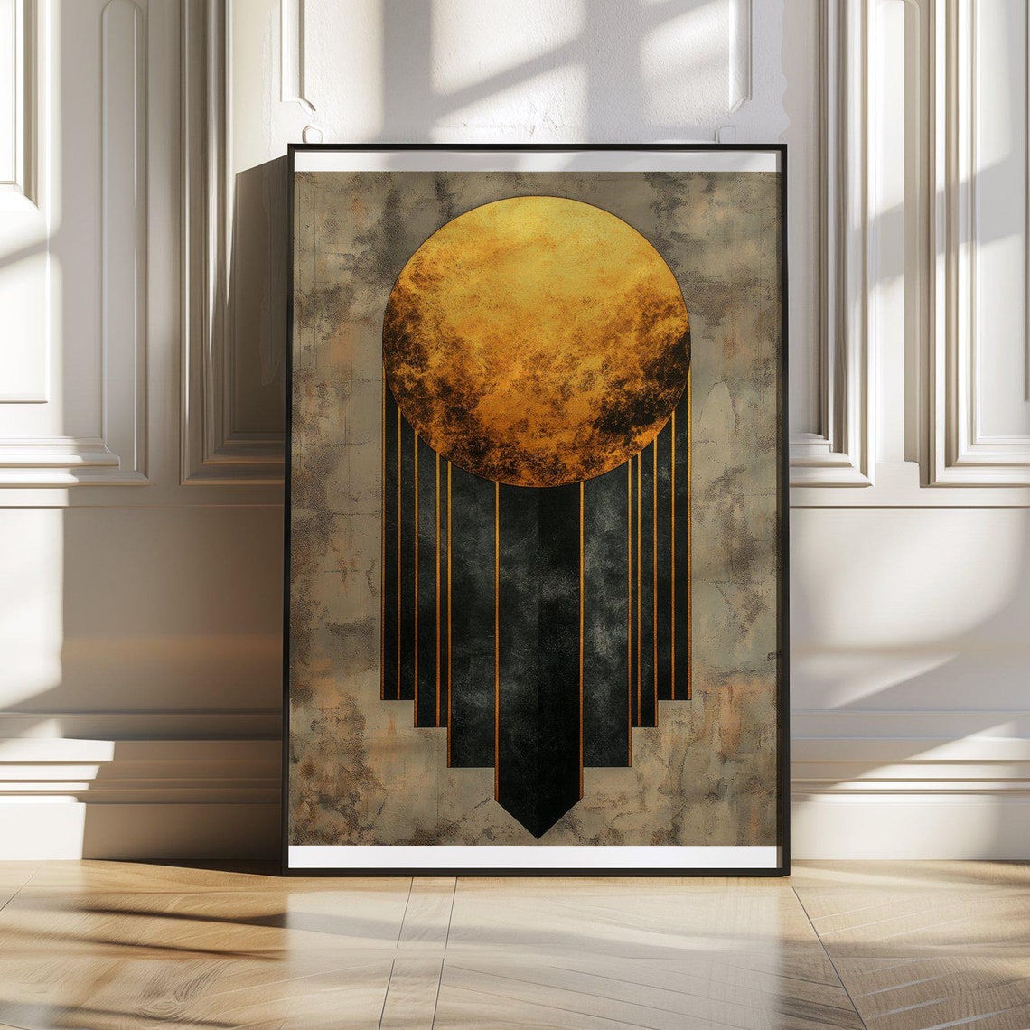 Radiant Art Deco Gold Sun Disc With Black Geometric Rays Poster