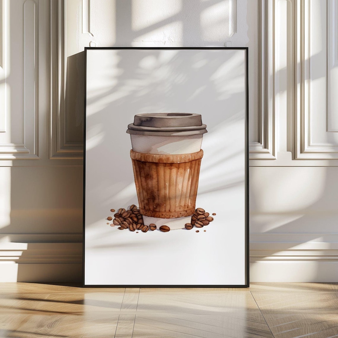 Watercolor Takeaway Coffee Cup Poster With Scattered Roasted Beans
