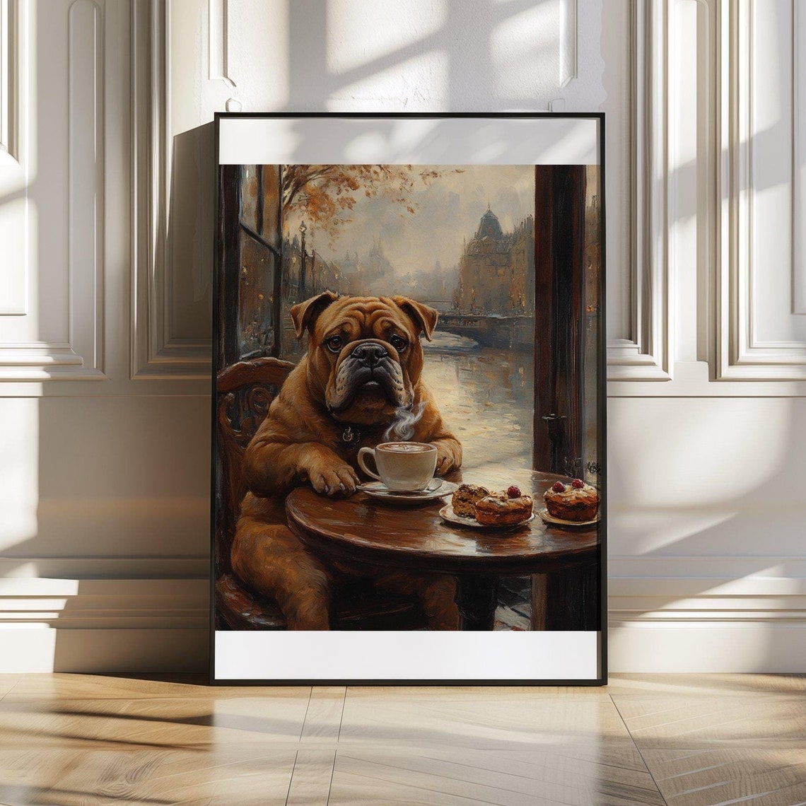 English Bulldog Enjoying Coffee Break at Paris Bistro Art Poster