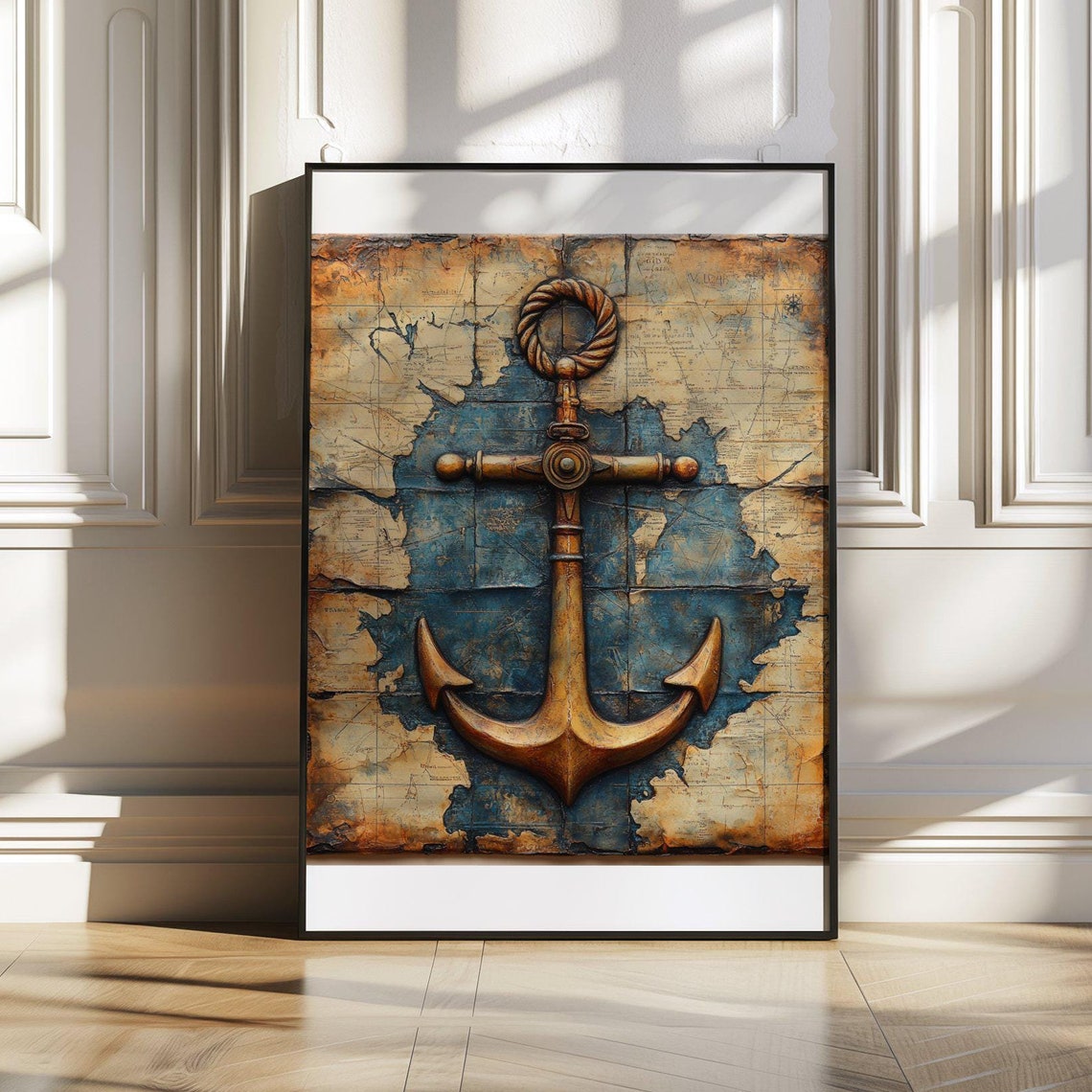 Bronze Anchor Over Vintage Map Poster With Weathered Nautical Style