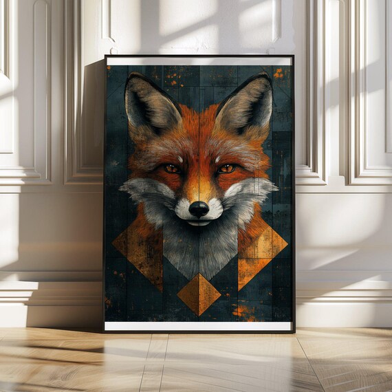 Geometric Red Fox Portrait in Fiery Orange and Deep Teal Tones Poster