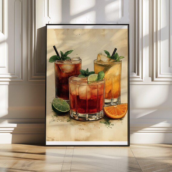 Watercolor Cocktail Poster With Three Glasses Mint Lime and Orange