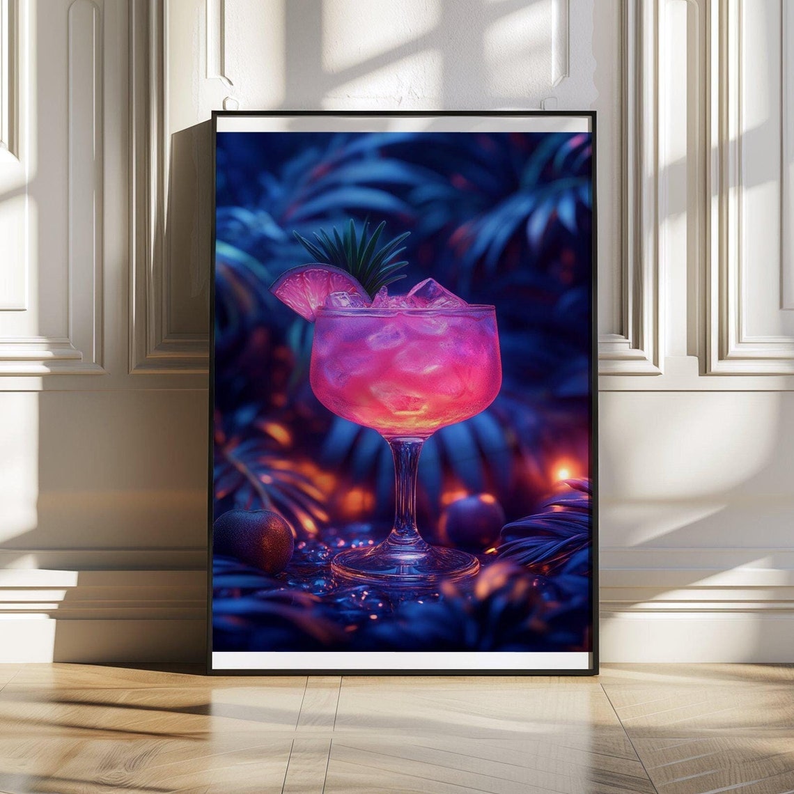 Pink Neon Tropical Cocktail Poster With Glowing Coupe Glass and Citrus