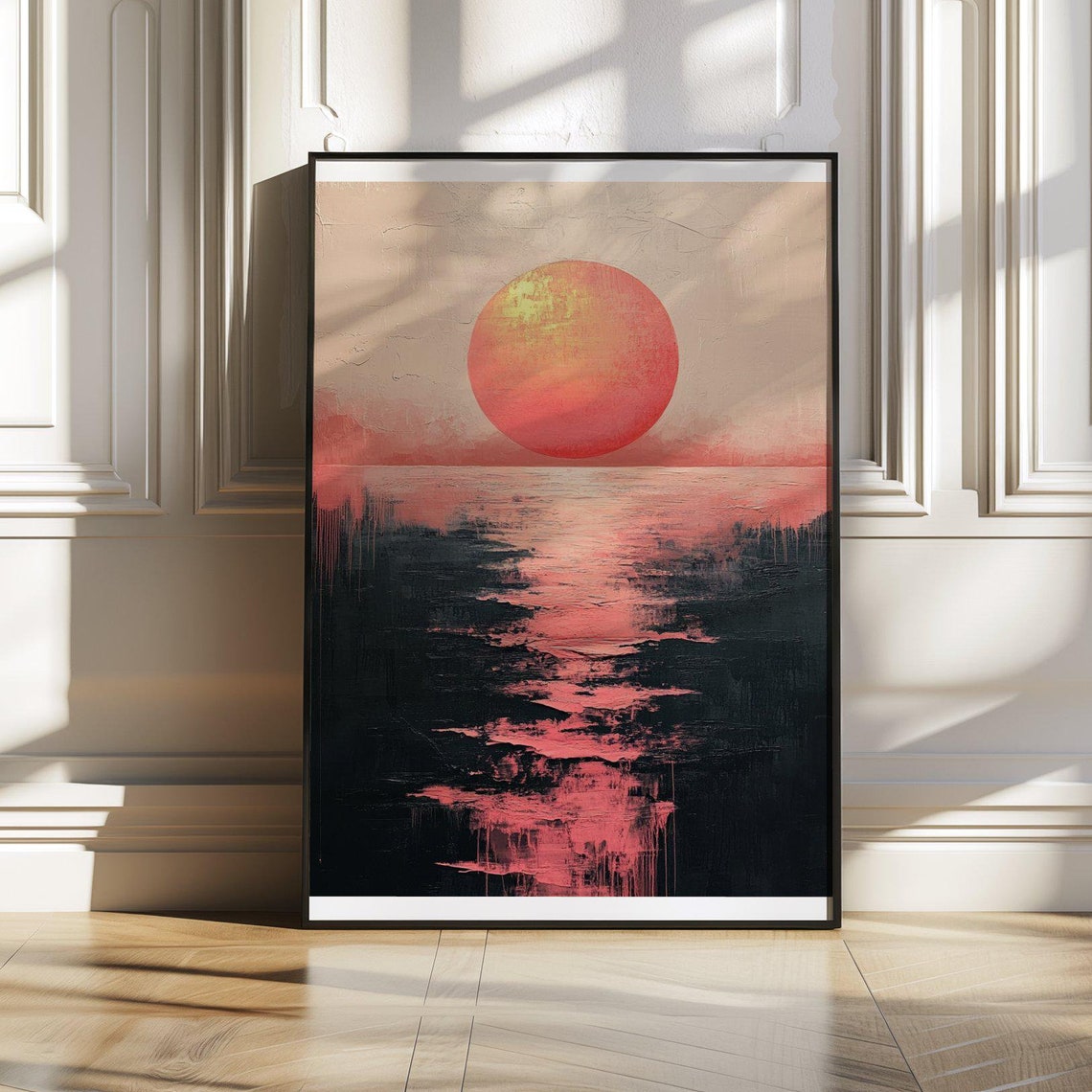 Minimalist Red Sun Sinking Into Dark Water With Pink Glow Poster