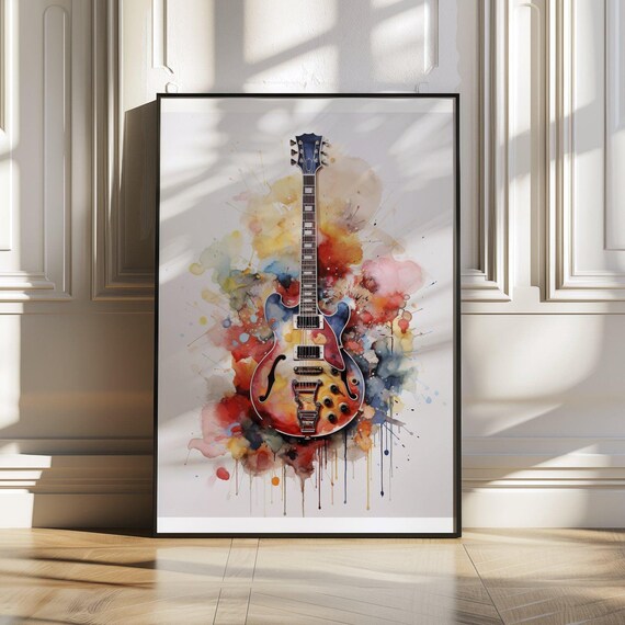 Watercolor Electric Guitar Bursting From Rainbow Paint Splashes Poster