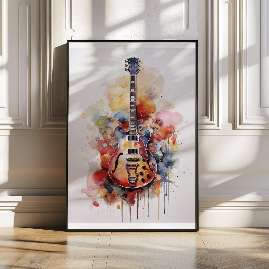 Watercolor Electric Guitar Bursting From Rainbow Paint Splashes Poster