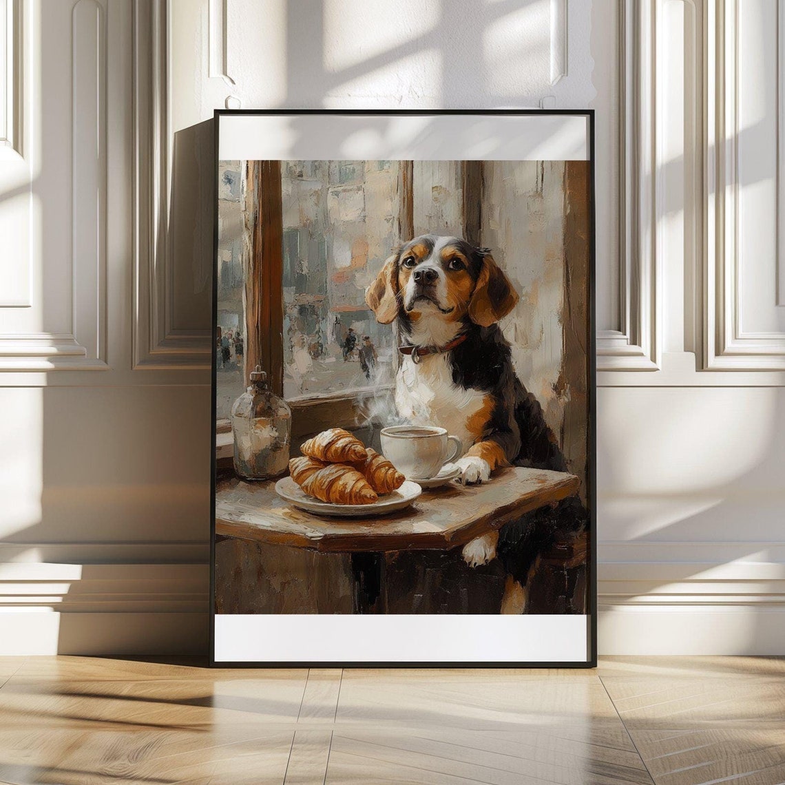 Charming Beagle Sitting at Parisian Cafe with Croissants Art Poster