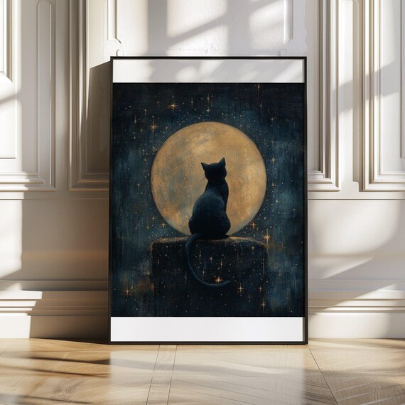 Black Cat Silhouette Gazing at a Golden Full Moon in a Starry Sky Poster