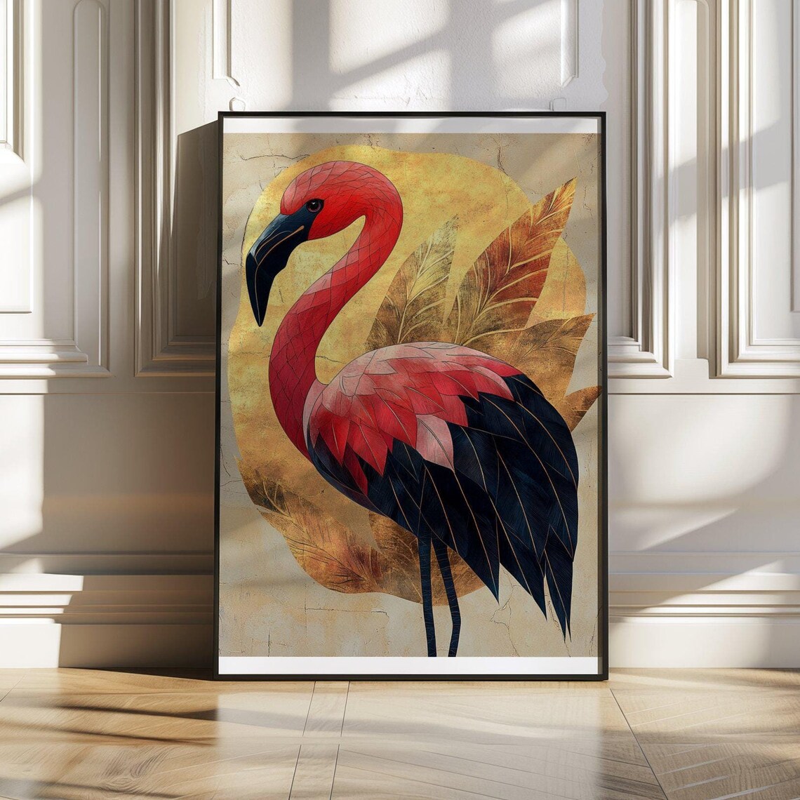 Elegant Flamingo Poster With Gold Accents and Textured Feathers