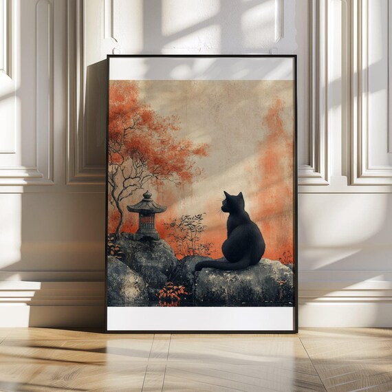Black Cat Resting in a Japanese Zen Garden With Red Maple Tree Poster
