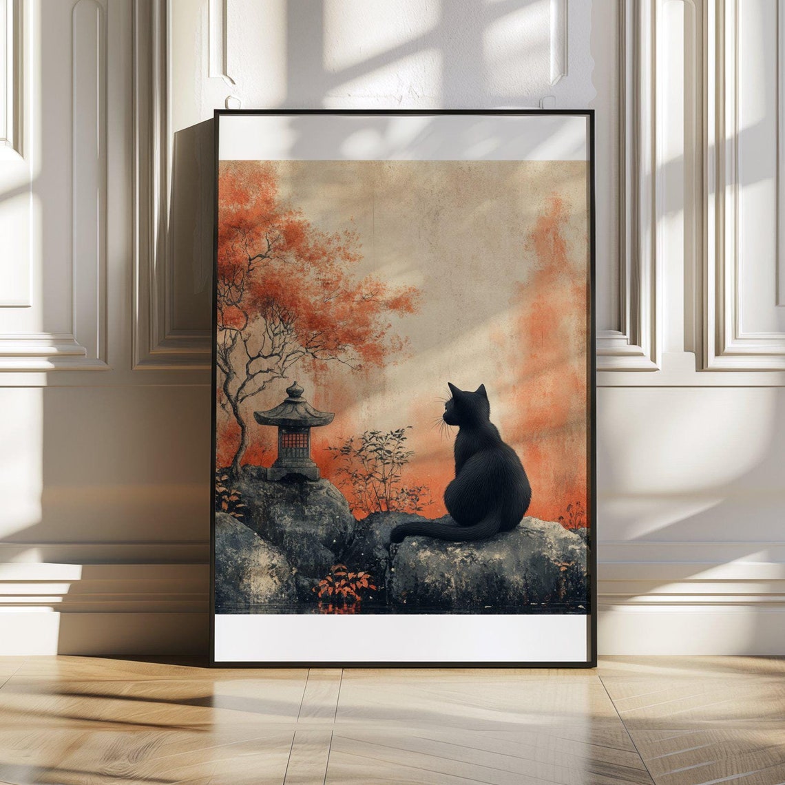 Black Cat Resting in a Japanese Zen Garden With Red Maple Tree Poster