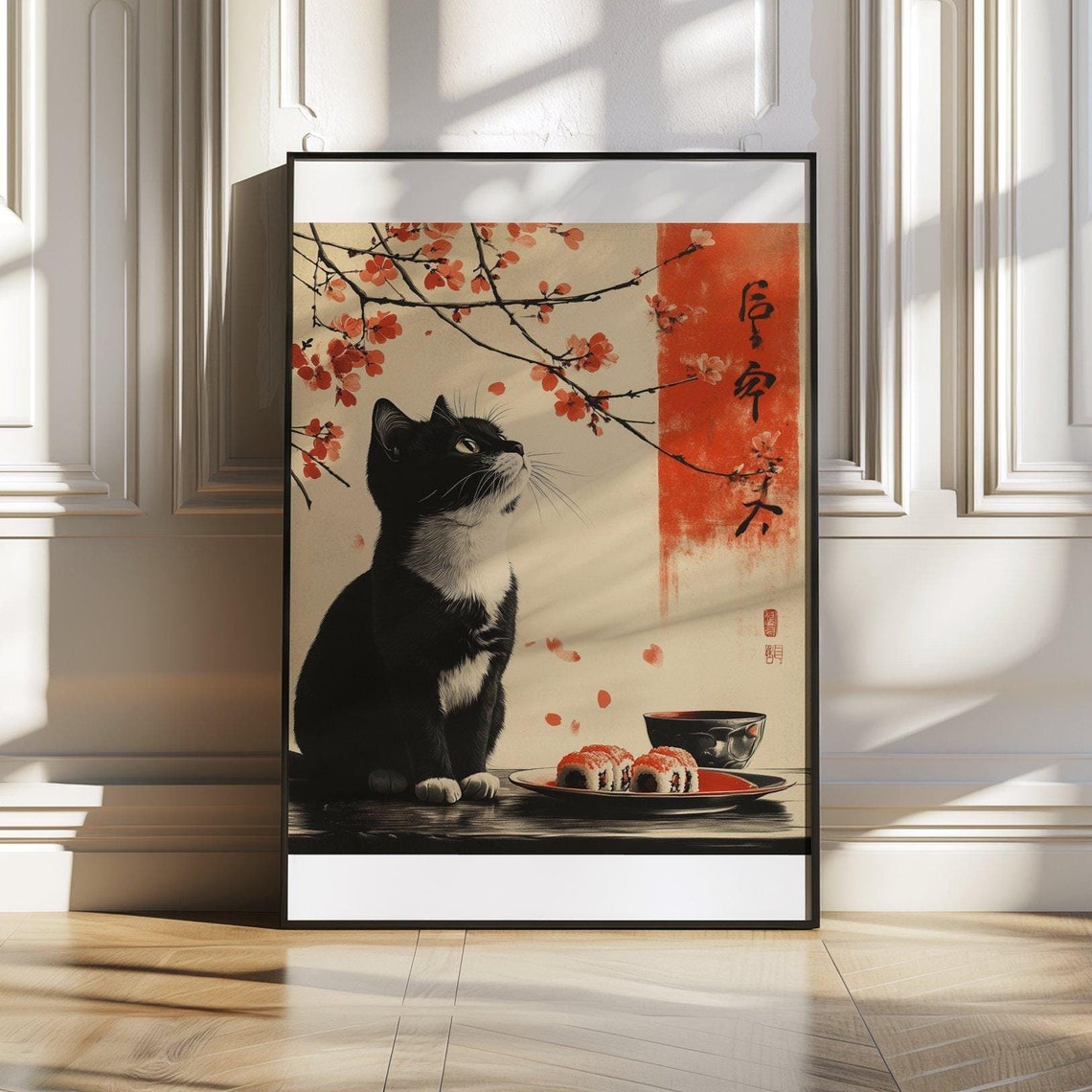 Charming Black Cat With Sushi Plate Under Cherry Blossoms Art Poster