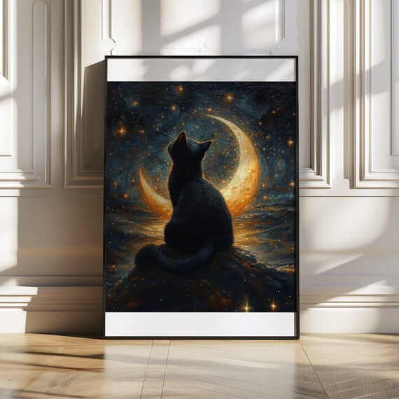 Black Cat Beneath a Glowing Crescent Moon Over the Night Ocean Poster