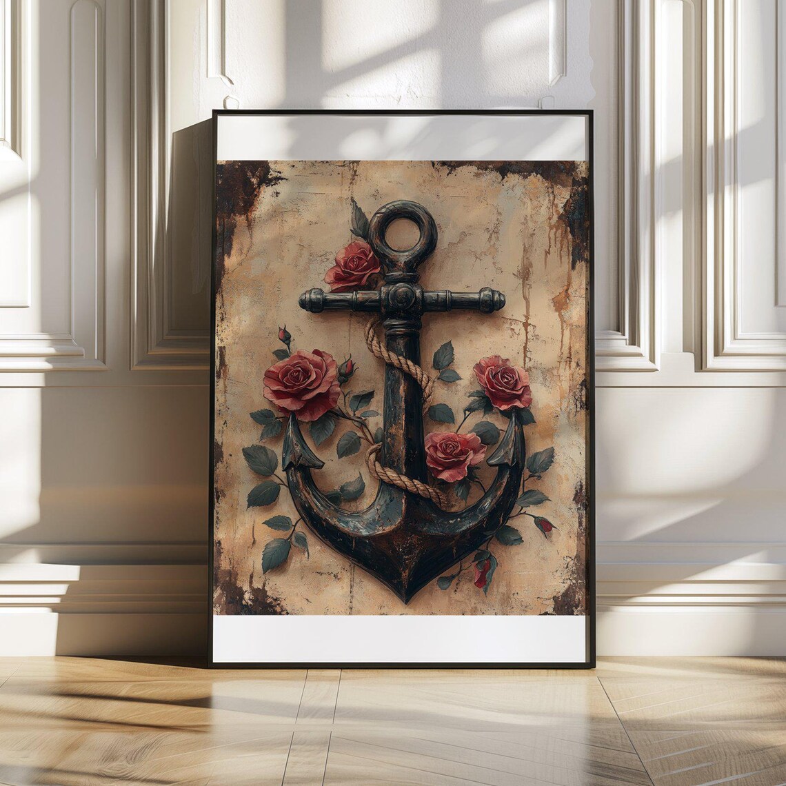 Vintage Anchor and Roses Poster With Rustic Nautical Charm and Rope