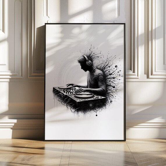 Monochrome DJ Silhouette at Turntables With Headphones Poster
