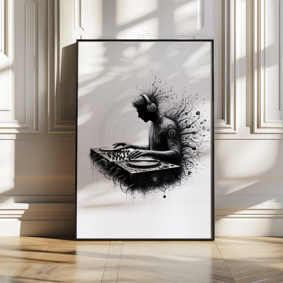Monochrome DJ Silhouette at Turntables With Headphones Poster