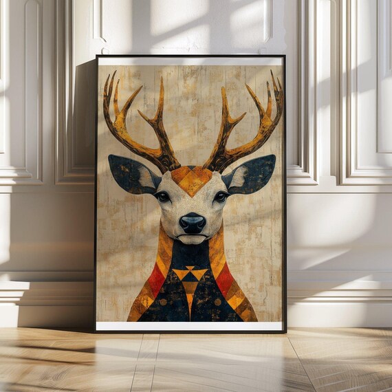 Geometric Golden Stag Portrait in Amber Tones With Vintage Texture Poster