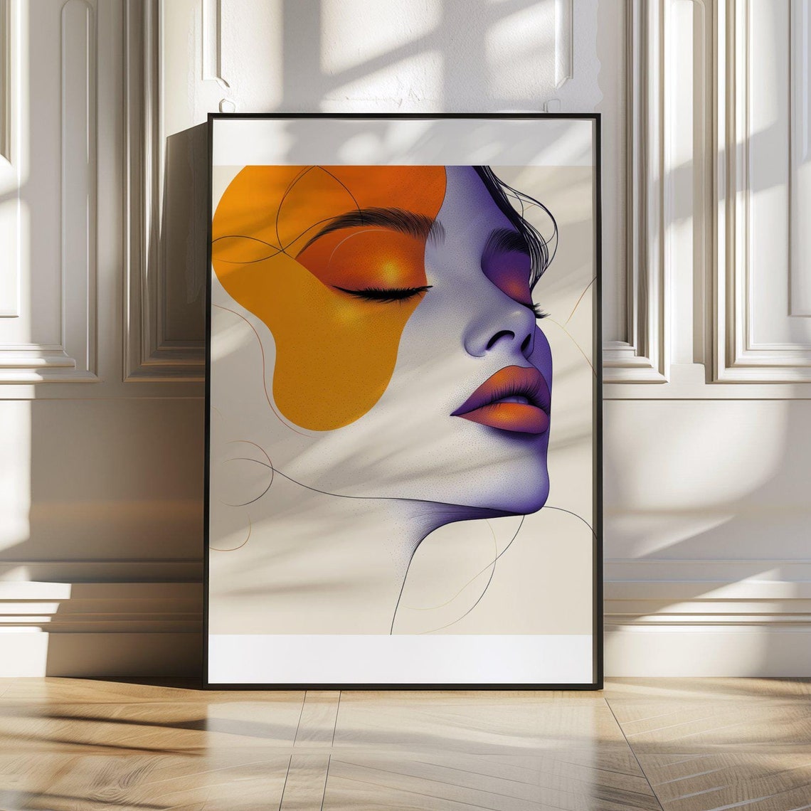 Abstract Woman Face Poster With Orange and Purple Split Color Style