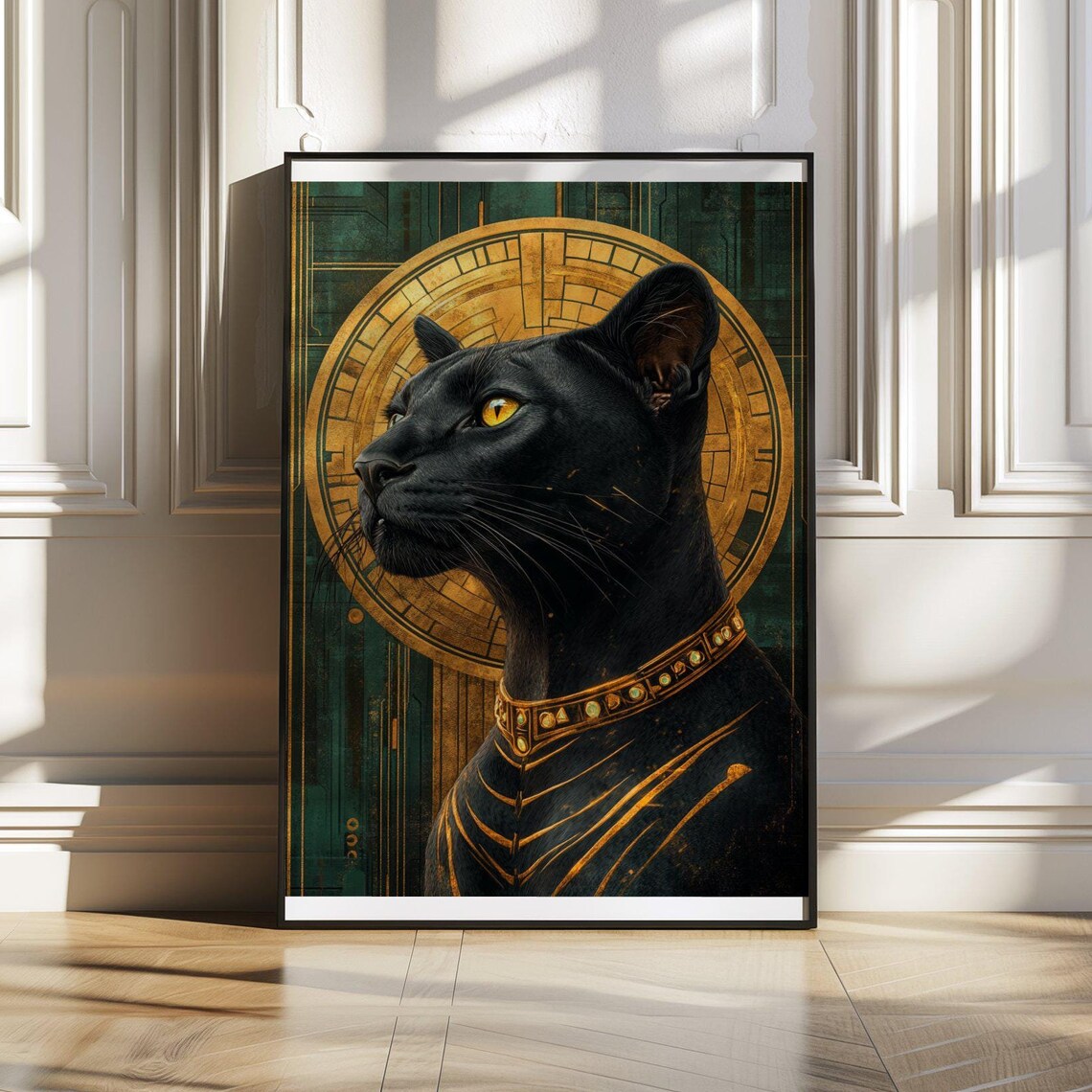 Regal Egyptian Black Cat With Golden Halo and Jeweled Collar Poster
