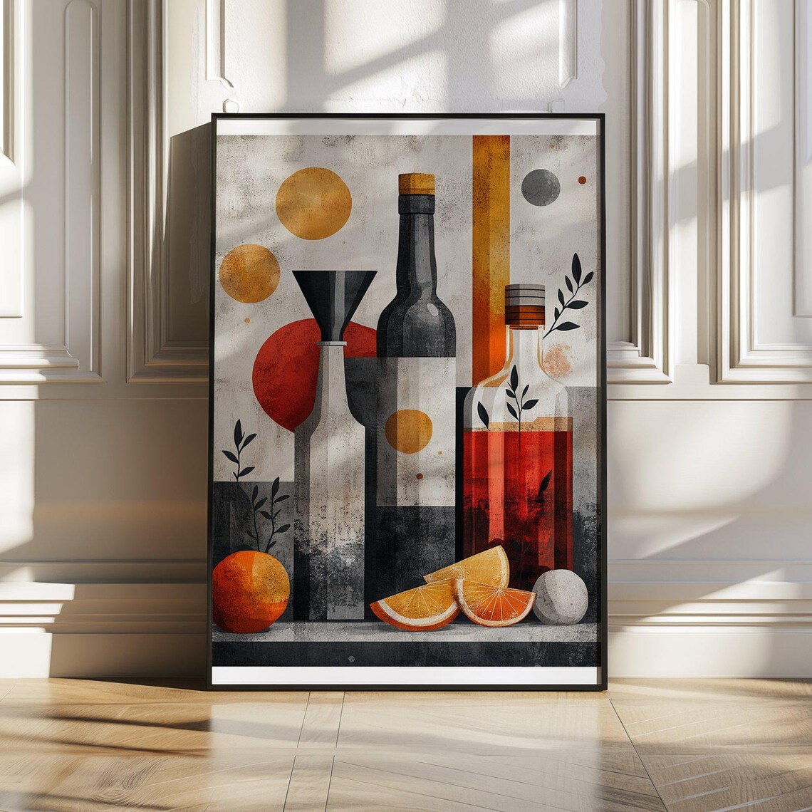 Abstract Cubist Bottle Poster With Citrus in Warm Modern Style