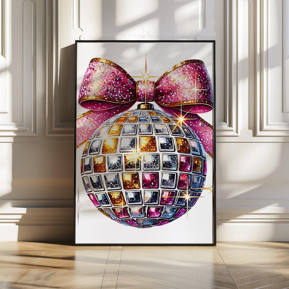 Sparkling Disco Ball Ornament With a Pink Glitter Bow Poster