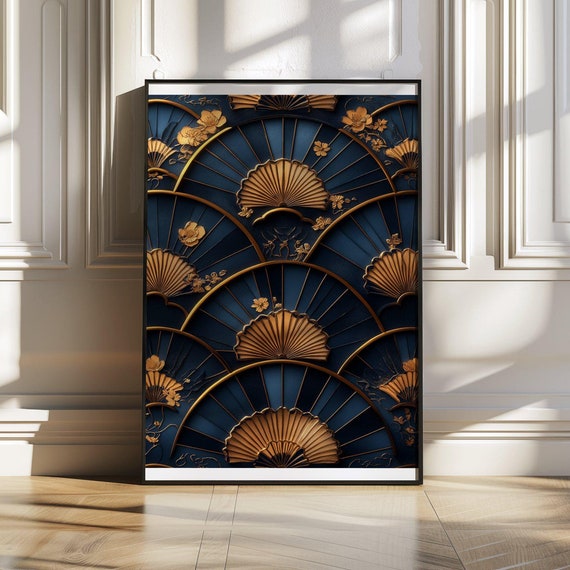 Golden Fan And Floral Wall Art Print Blue And Gold Home Dcor Geometric Pattern Poster Unique Wall Dcor New Home Gift Elegant Wall Art