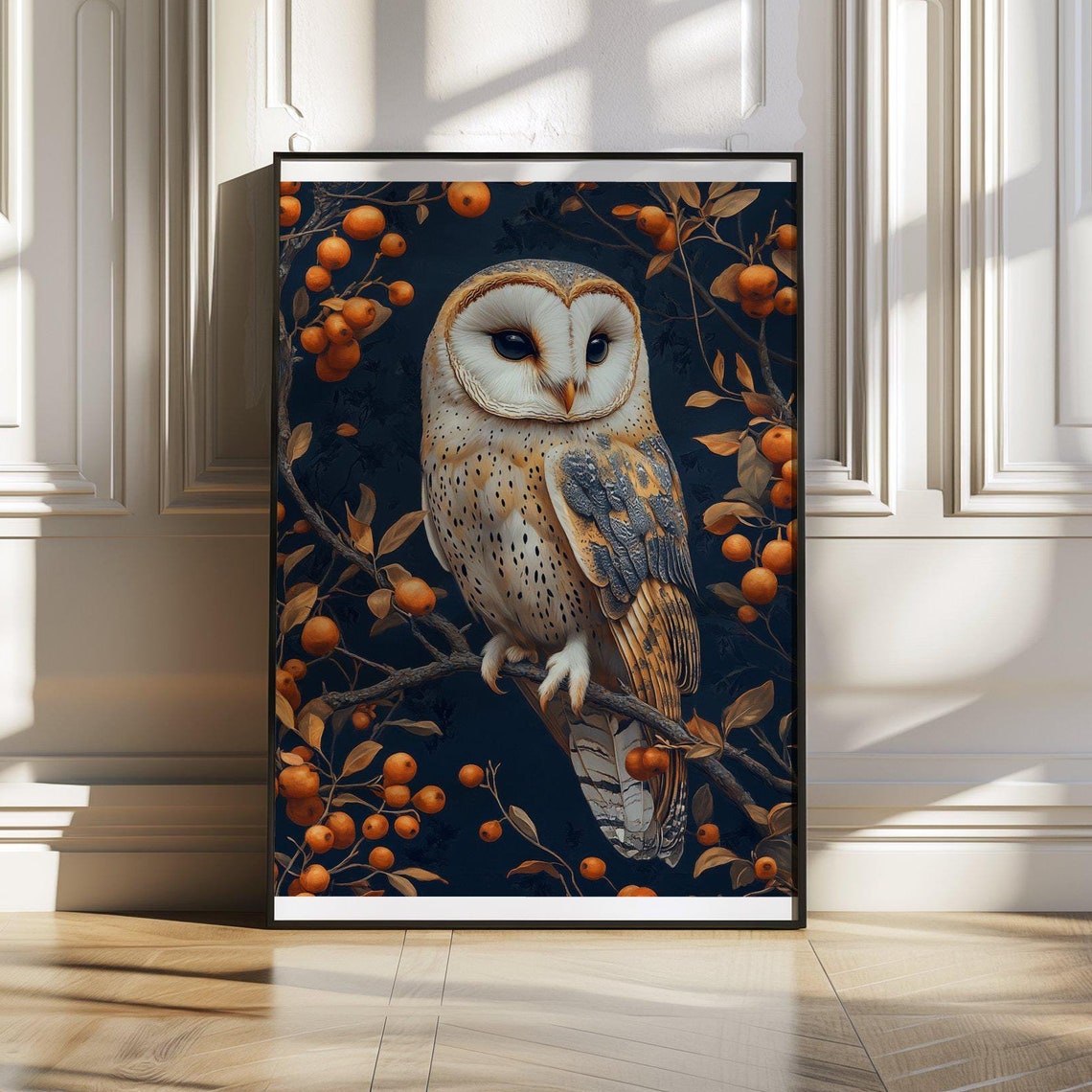 Barn Owl Perched Among Orange Berries on Midnight Blue Poster