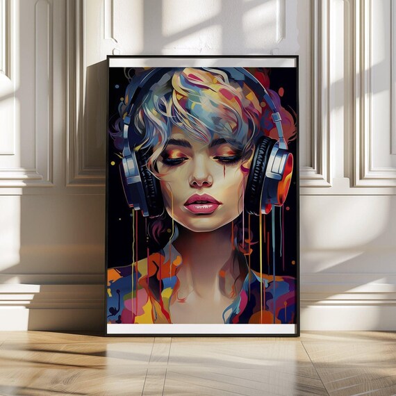 Colorful DJ Girl Portrait Wearing Headphones With Vibrant Drip Paint Poster