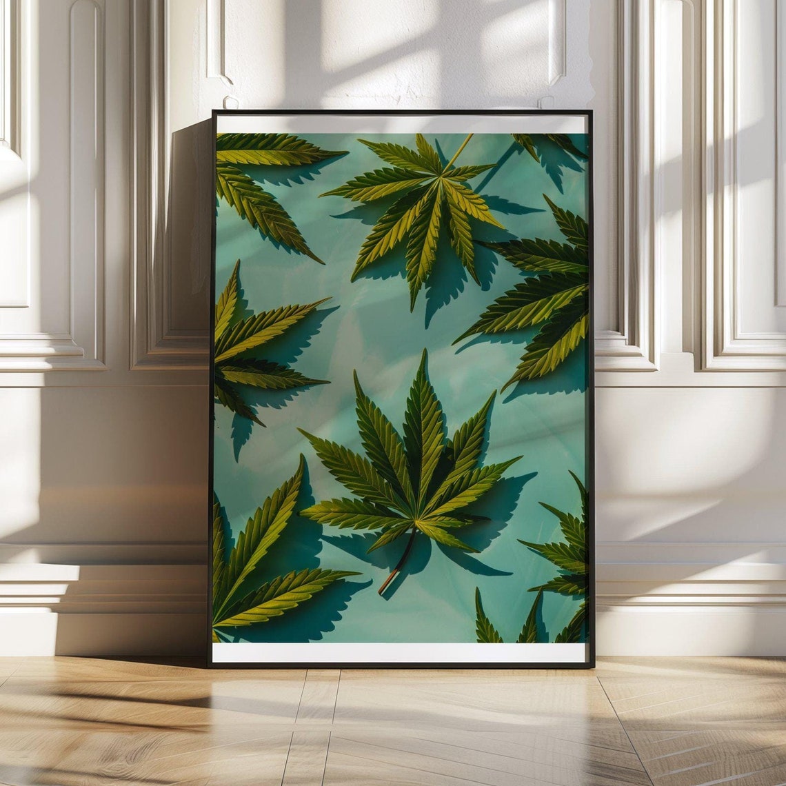 Cannabis Leaves Repeating Pattern On Teal Modern Botanical Art Poster