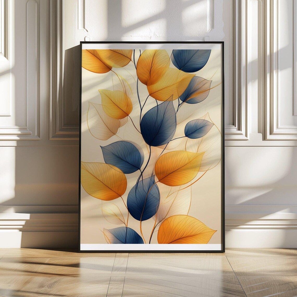 Translucent Amber and Blue Autumn Leaves on Soft Cream Poster