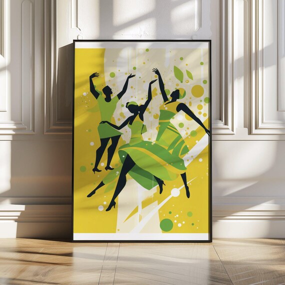 Three Abstract Dancers In Green Silhouettes On Yellow Art Print
