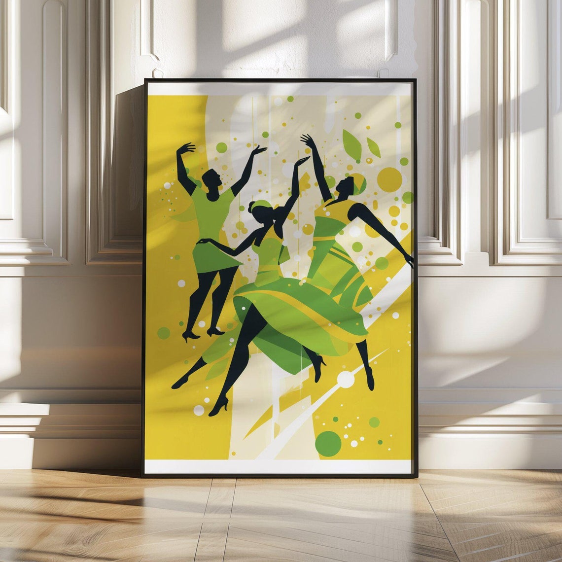 Three Abstract Dancers In Green Silhouettes On Yellow Art Print