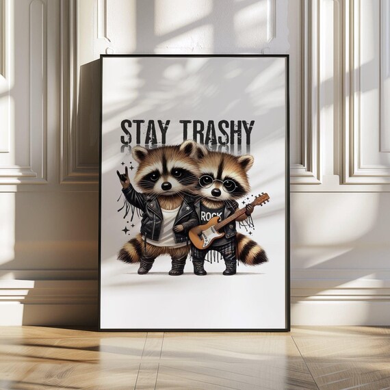 Stay Trashy Rocker Raccoons in Leather Jackets With Guitar Poster
