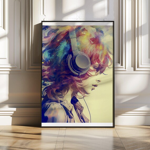 Girl Profile With Headphones And Vibrant Multicolor Painted Hair Poster